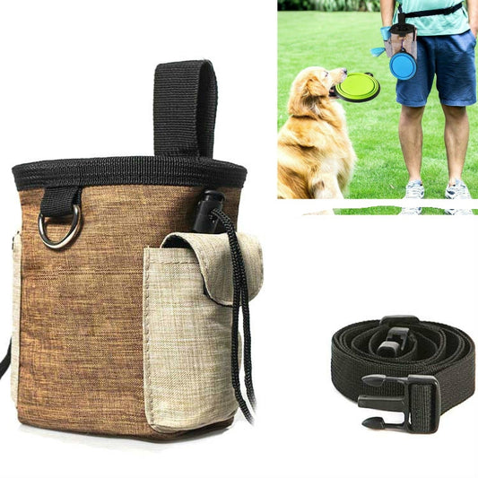 Brown and beige fabric waist dog training bag with front treat pocket and D-ring loop