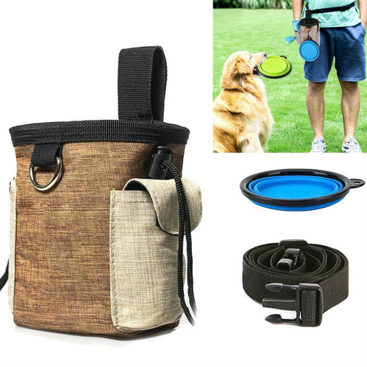 Brown waist dog training bag with blue folding bowl holder and long adjustable strap