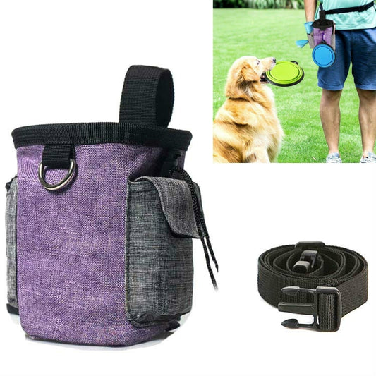 Purple pet training waist bag with black belt strap and gray side pocket