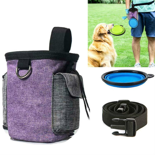 Purple waist bag with blue collapsible bowl and adjustable black belt strap