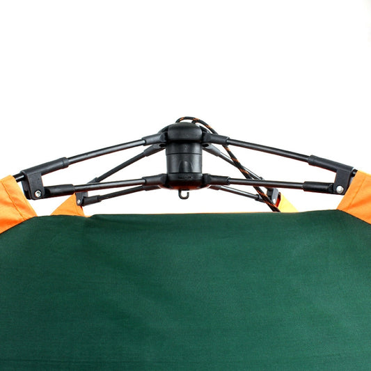 Outdoor pet tent roof with black support frame over dark green canopy