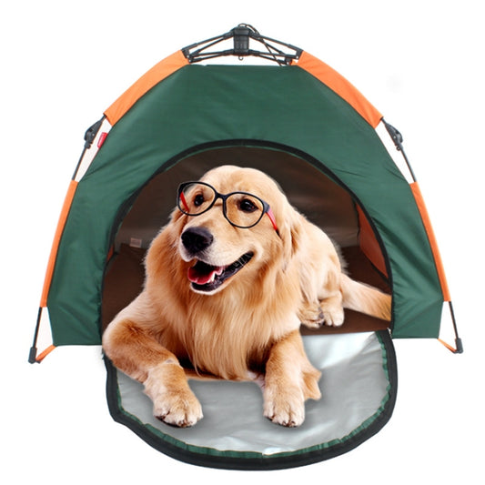 Outdoor pet tent in orange and dark green with mesh doorway; dog sitting inside