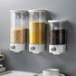 Wall-mounted grain storage dispensers set with clear tanks and different dry contents