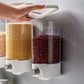 Wall-mounted grain storage tank with top opening, hand placing grains into container
