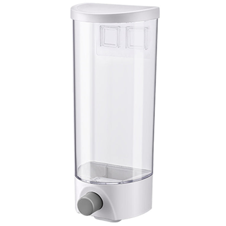 Wall-mounted push-type grain storage tank with clear reservoir and gray dispensing lever