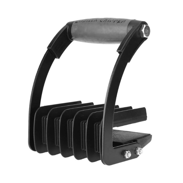 Black wood board clip with gray handle, stacked ridged pads, and bolts