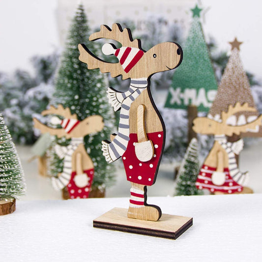 Wooden painted elk ornament standing on rectangular base, striped scarf and red outfit