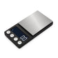 Portable digital electronic scale with brushed metal weighing platform and blue readout