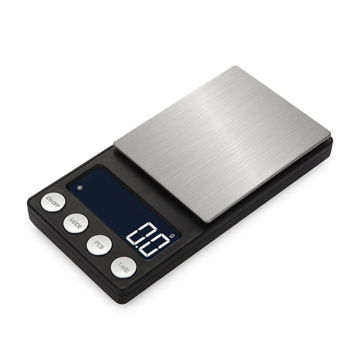 Portable digital electronic scale with brushed metal weighing platform and blue readout