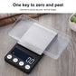 Digital scale with clear container attachment over the brushed metal weighing plate