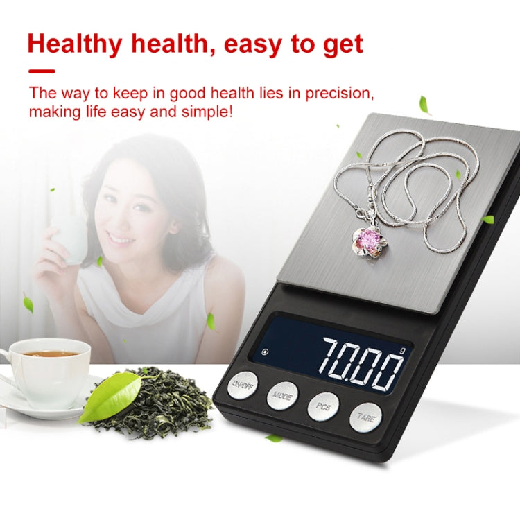 Mini electronic scale with brushed metal platform and blue LED display