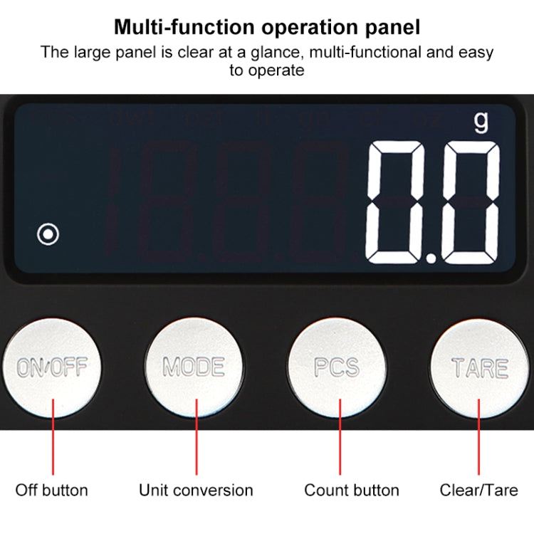 Close-up of electronic scale display and control buttons: ON/OFF, MODE, PCS, TARE