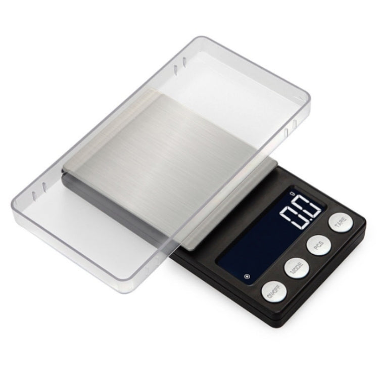 Mini digital electronic scale with clear cover, stainless weighing platform, and LED display