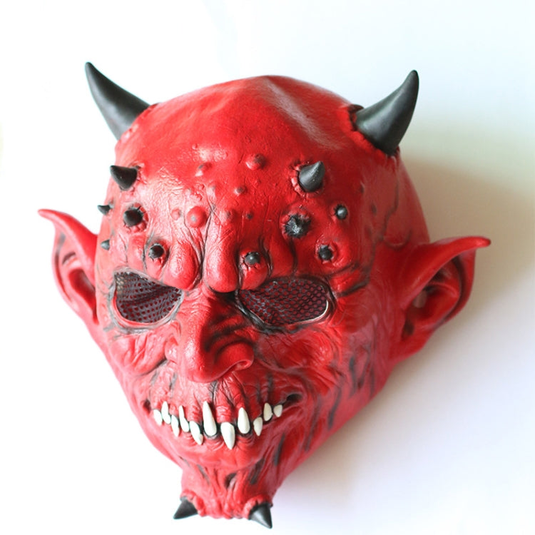 Red demon monster latex mask with open grin, black eyes, and horned head