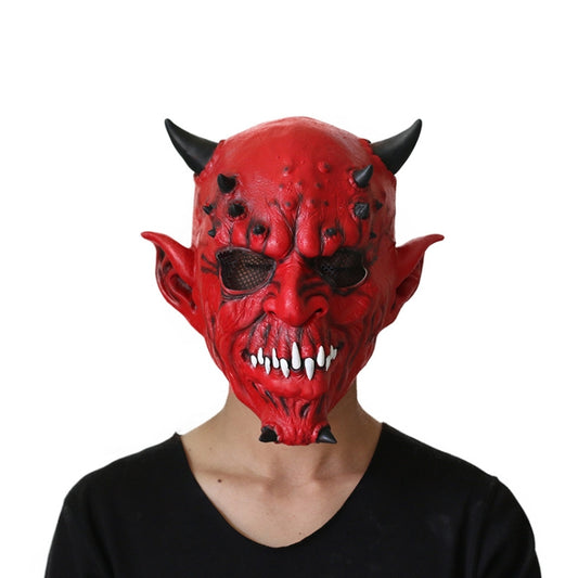 Red horned demon monster latex mask with snarling mouth and white fangs