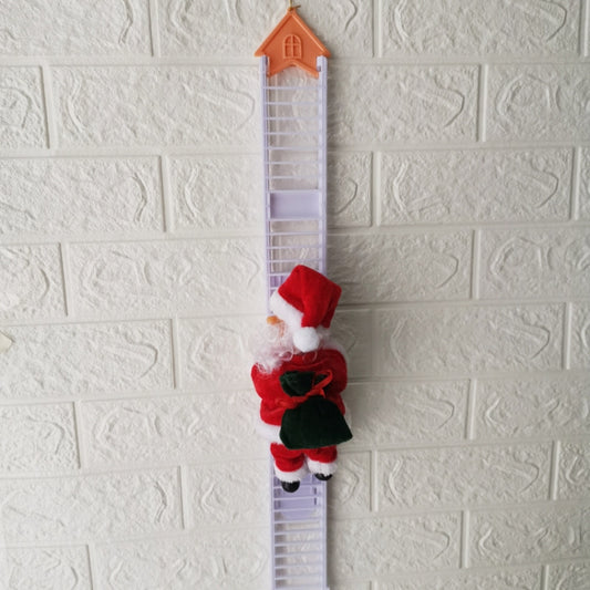 Electric Santa climbing ladder decoration on white ladder, Santa doll in red suit