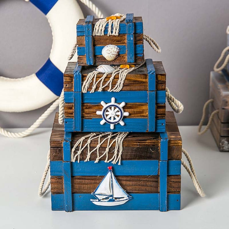 Antique blue wooden storage box jewelry box with stacked tiers and nautical rope handles
