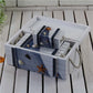 White-and-blue stacked wooden jewelry storage box with open tray and rope handles
