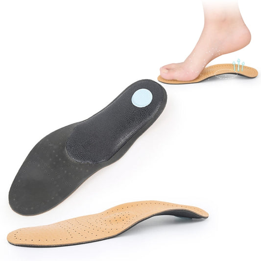 Leather arch correction insoles pair: black cushioned top with blue heel pad, tan perforated