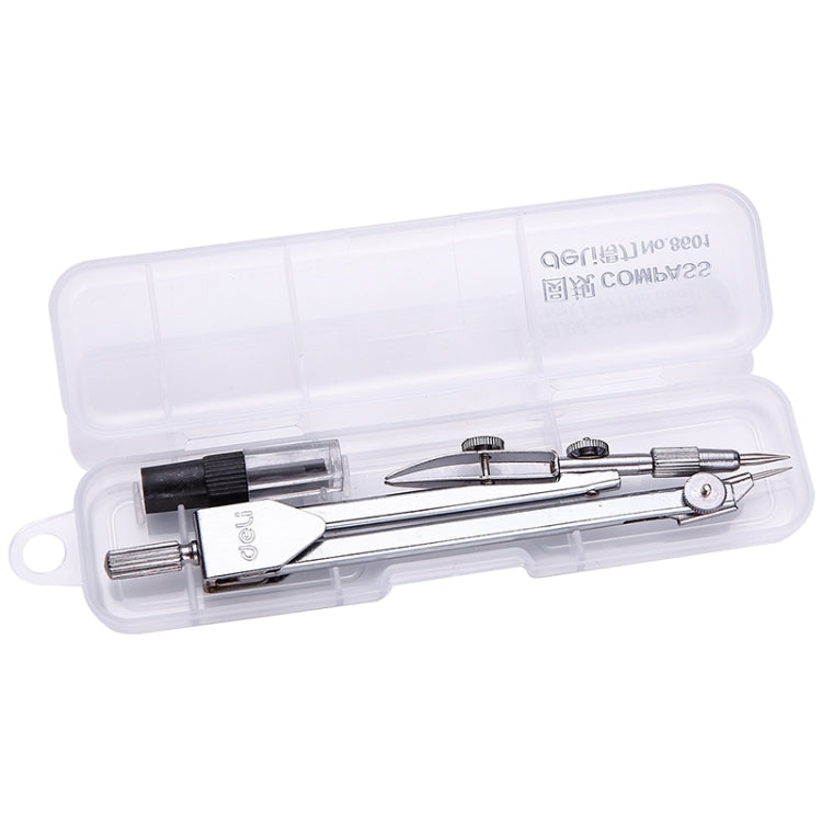 Stainless steel drawing compass set in clear plastic case with spare needle