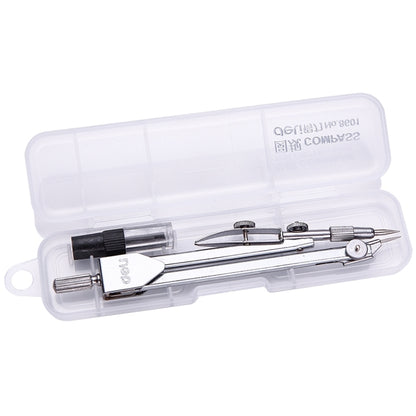 Stainless steel drawing compass set in clear plastic case with spare needle