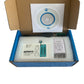USB high-speed programmer kit inside blue-lined box with disc and power adapter