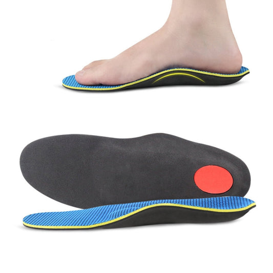 Orthopedic flat foot insole pair with blue top, dark base, and red heel dot