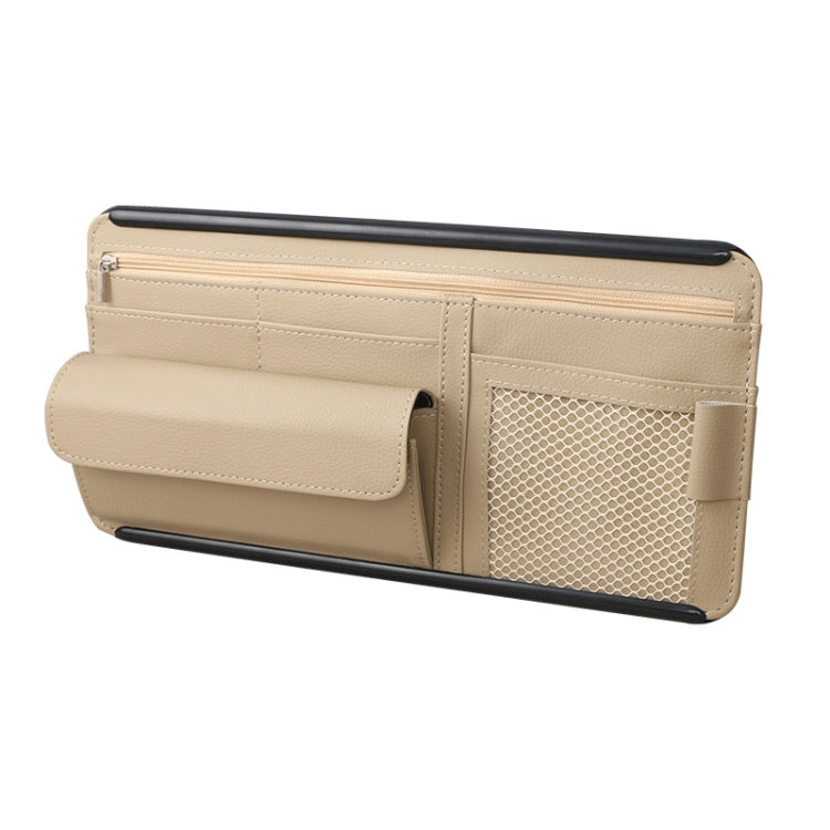 Beige zippered car glasses case with card slots and mesh pocket