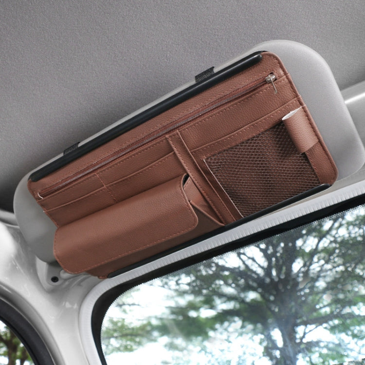 Brown PU car glasses case document holder with zipper and card compartments