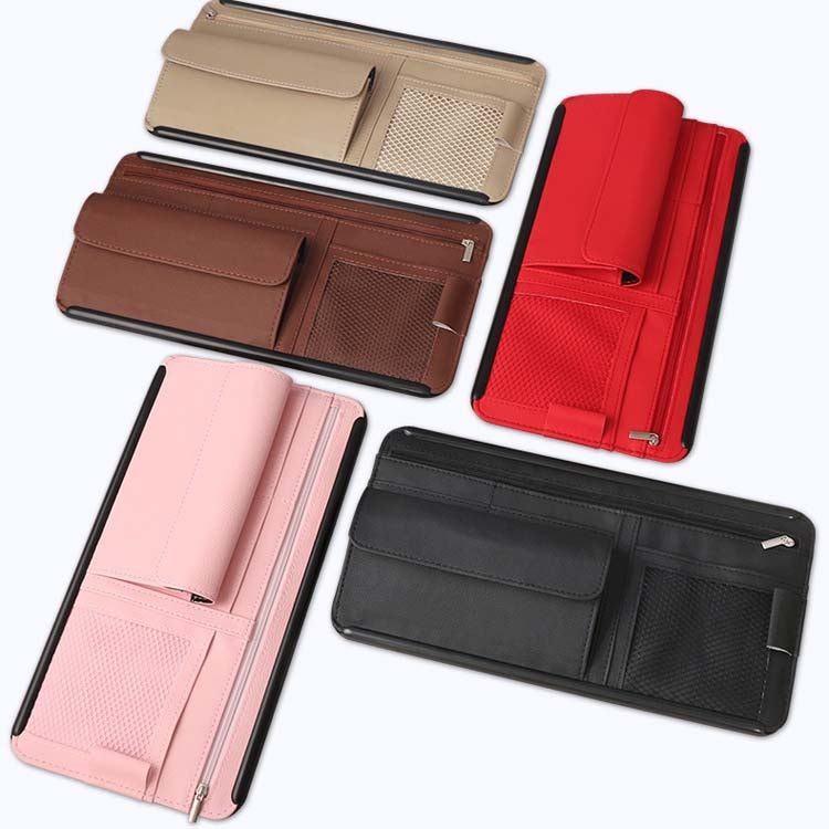 Set of car sun visor organizer wallets in beige, brown, pink, red, and black