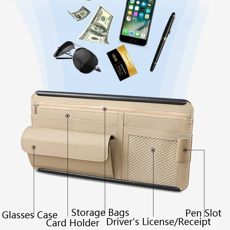 Beige car visor organizer wallet with zipper, pen slot, card pockets and mesh section