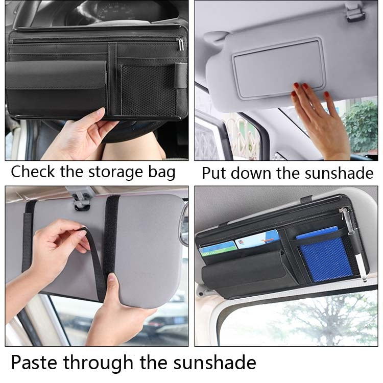 Car sun visor organizer with open compartments for cards and sunglasses, black interior