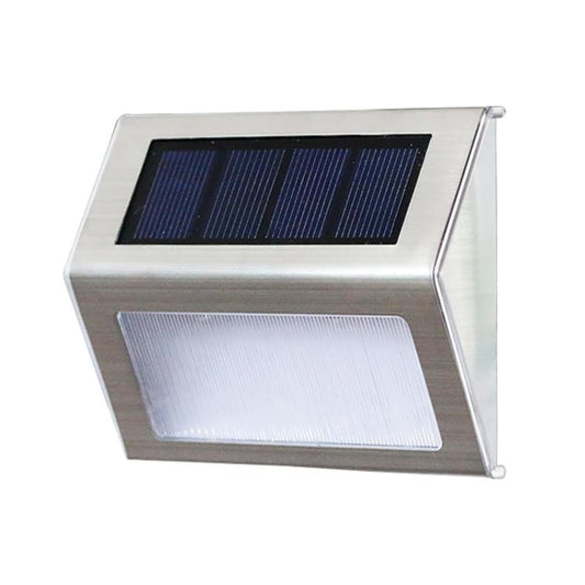 Stainless steel solar stair wall light with fold-out bracket, blue solar panel and LED lens