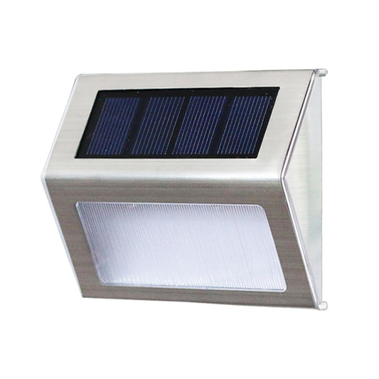 Stainless steel outdoor solar fence light with built-in LED panel beneath solar charging panel