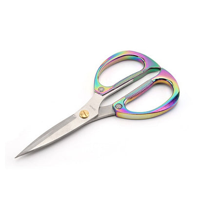 Rainbow stainless steel diamond scissors with textured grips and pointed blades