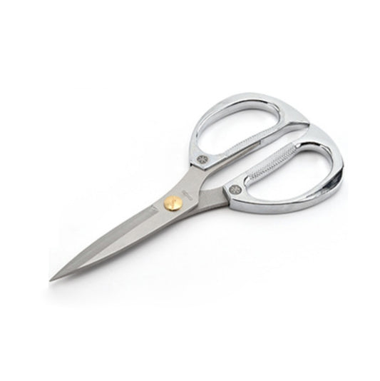 Silver stainless steel diamond scissors with textured grip handles and pointed blades