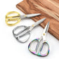 Pair of diamond scissors set: gold, silver, and rainbow handles with pointed blades