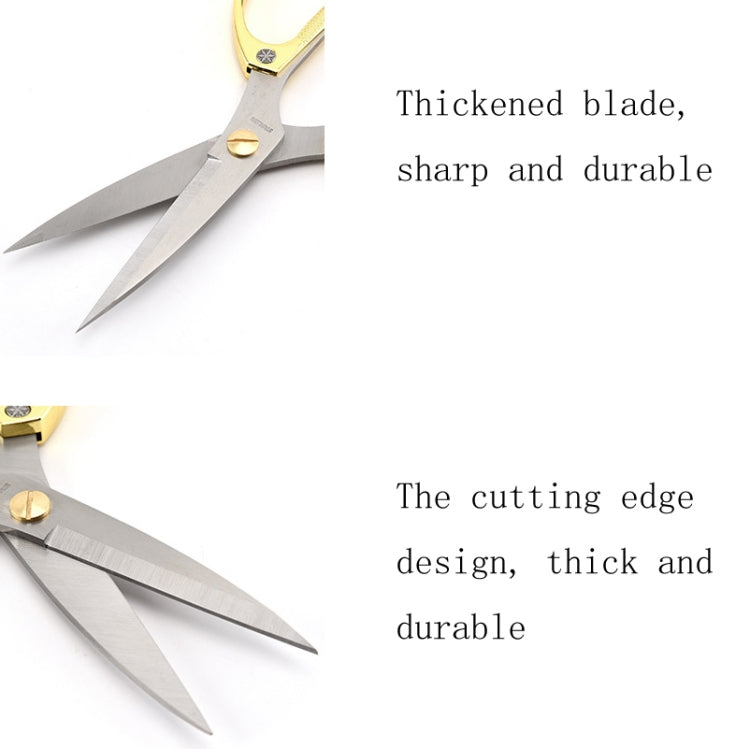 Silver and gold diamond scissors showing thick, pointed blades and curved handles