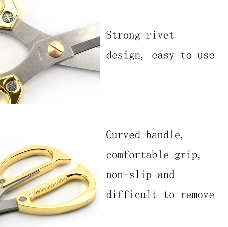 Diamond scissors close-up with gold rivet and curved non-slip grip handles