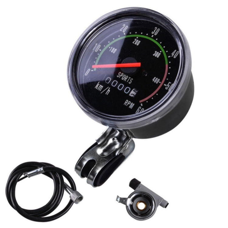 Round mechanical bike speedometer gauge with red needle and km/h, RPM markings