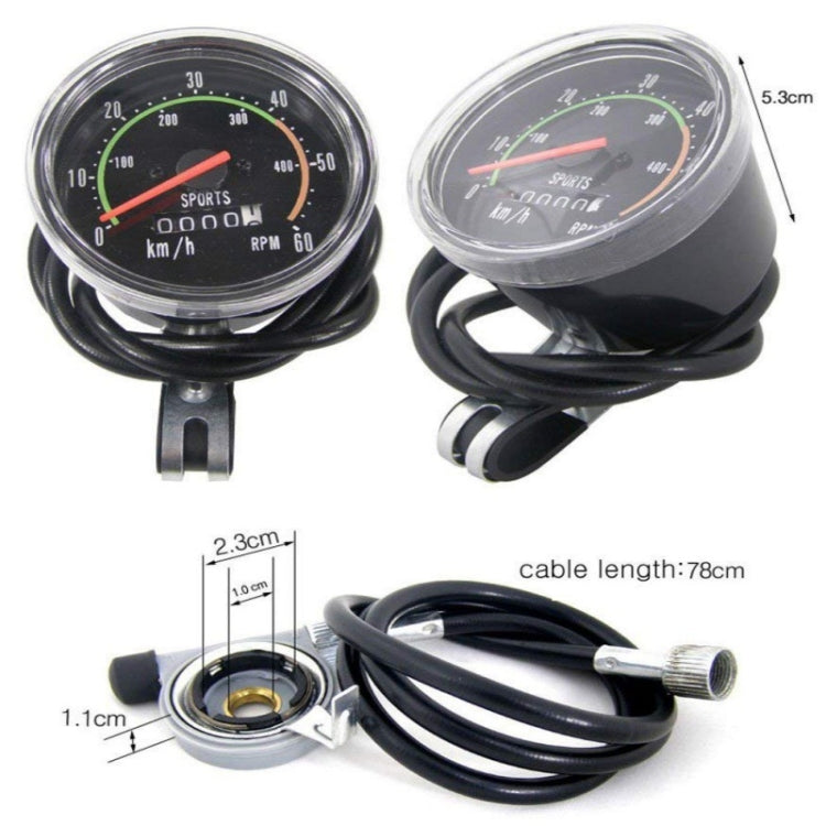 Round mechanical bicycle speedometer gauges with cable, shown side by side