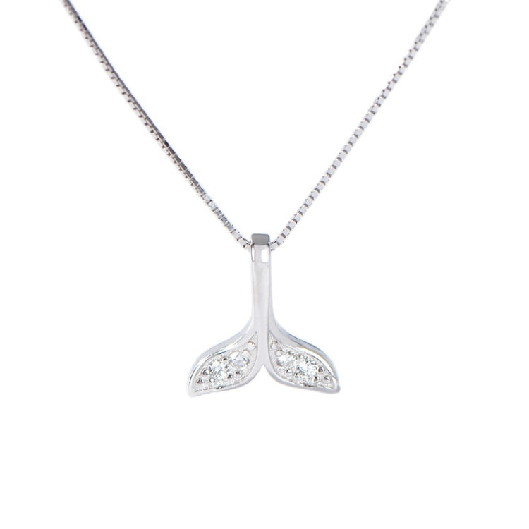 Silver fish-tail necklace with rhinestone whale tail pendant and chain