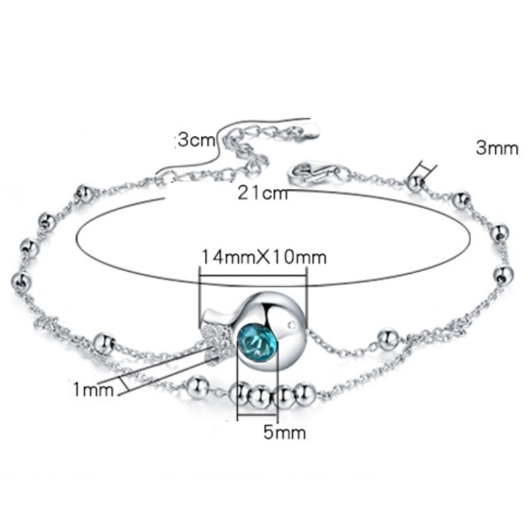 Sterling silver-look anklet with blue zircon round charm, bead links, and chain