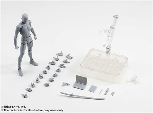 Grey PVC articulated action figure with clear stand and small interchangeable parts