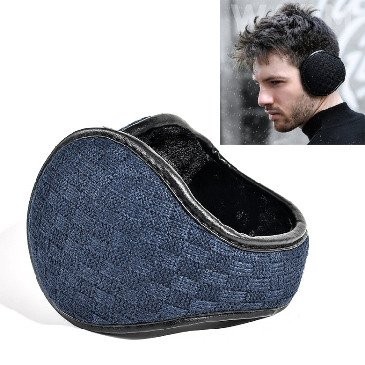 Navy knit plush foldable earmuffs with black inner lining and padded ear bags