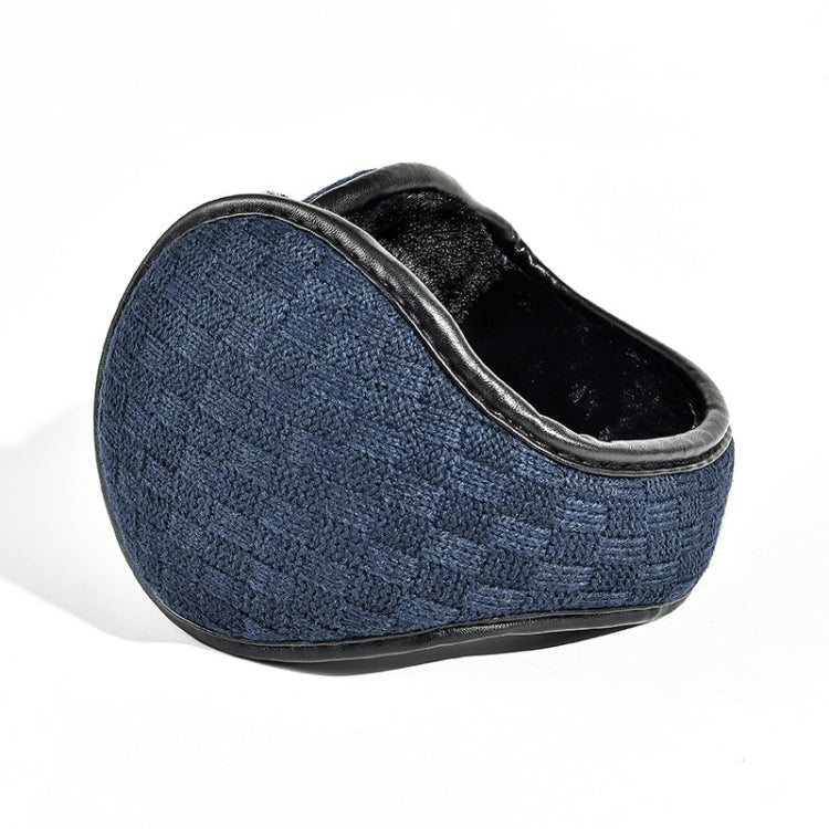 Navy knit earmuff ear bag with black padded lining, foldable oval shape