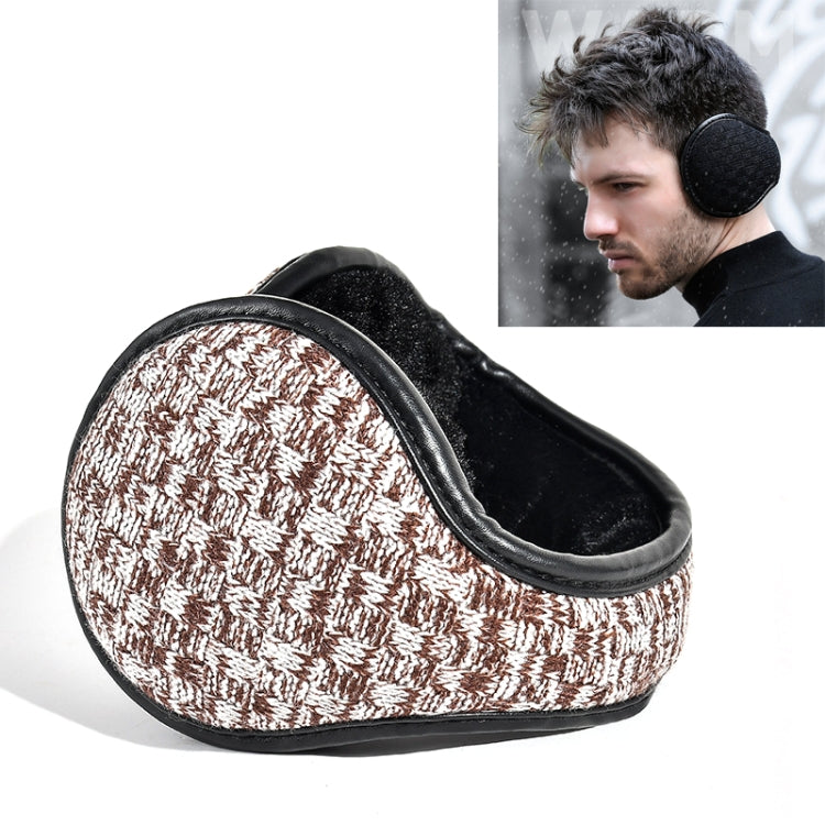 Brown-and-off-white houndstooth knit foldable earmuffs with black inner padding