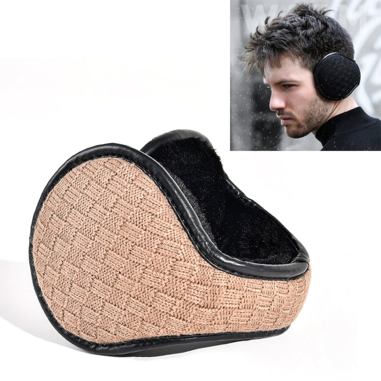 Beige knit foldable earmuffs with black inner lining and padded ear cups