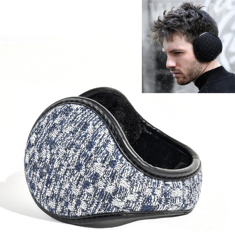 Blue-and-off-white check knit foldable earmuffs with black inner lining