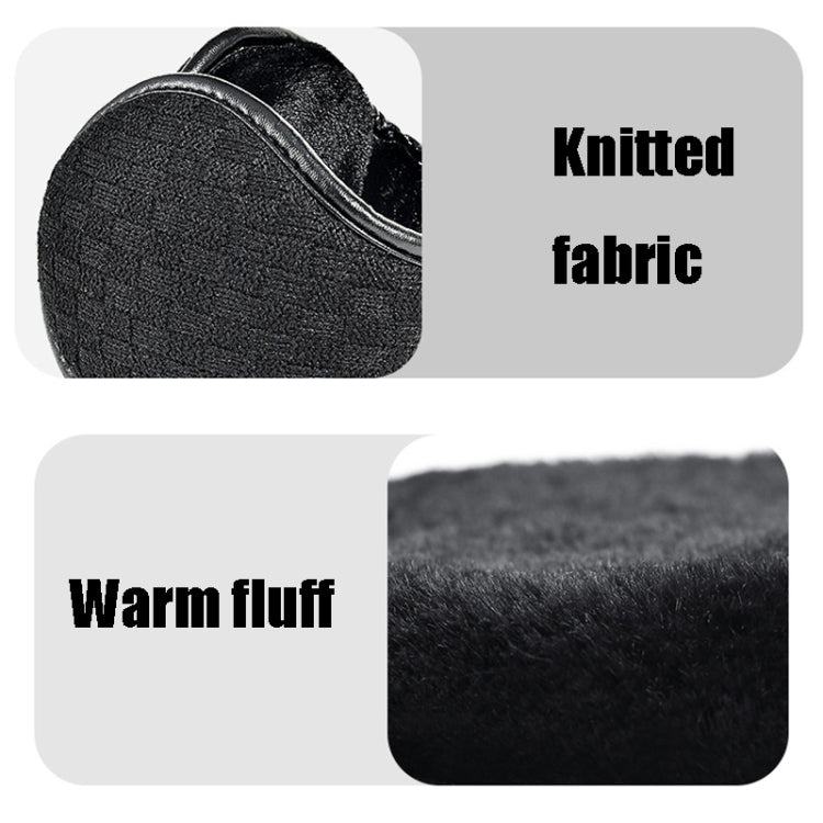 Black earmuffs close-up: knitted outer fabric with warm plush inner lining